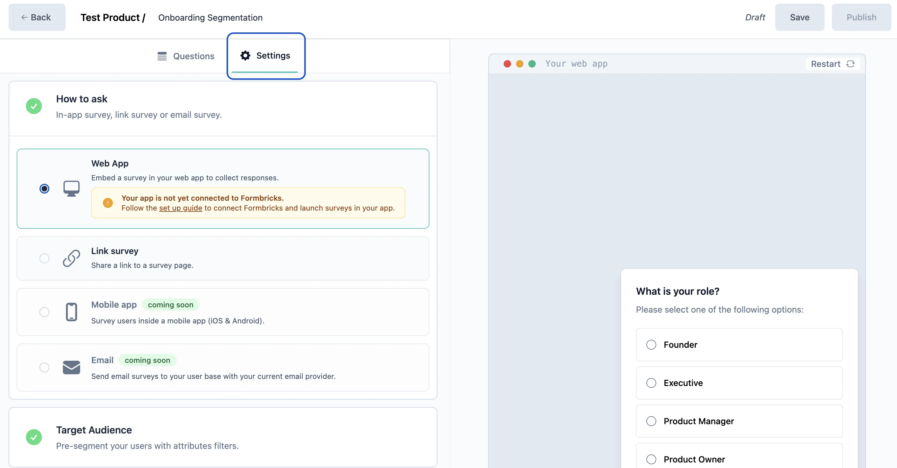 Settings for popup survey inside web app