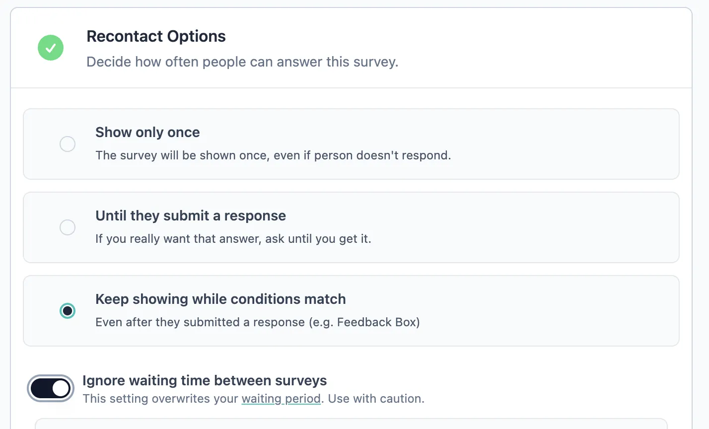 Options for survey popup in app micro survey