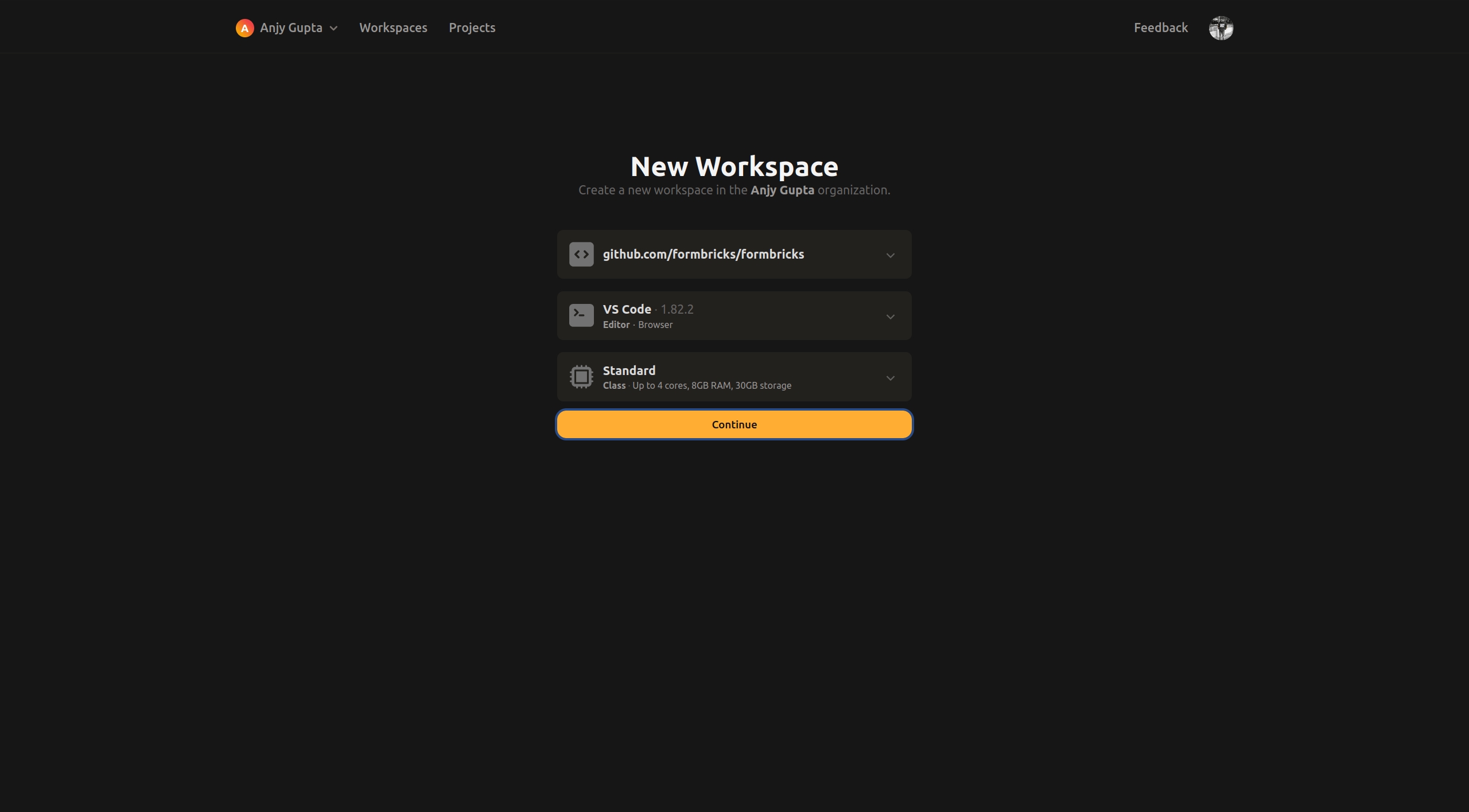 Gitpod New workspace Page