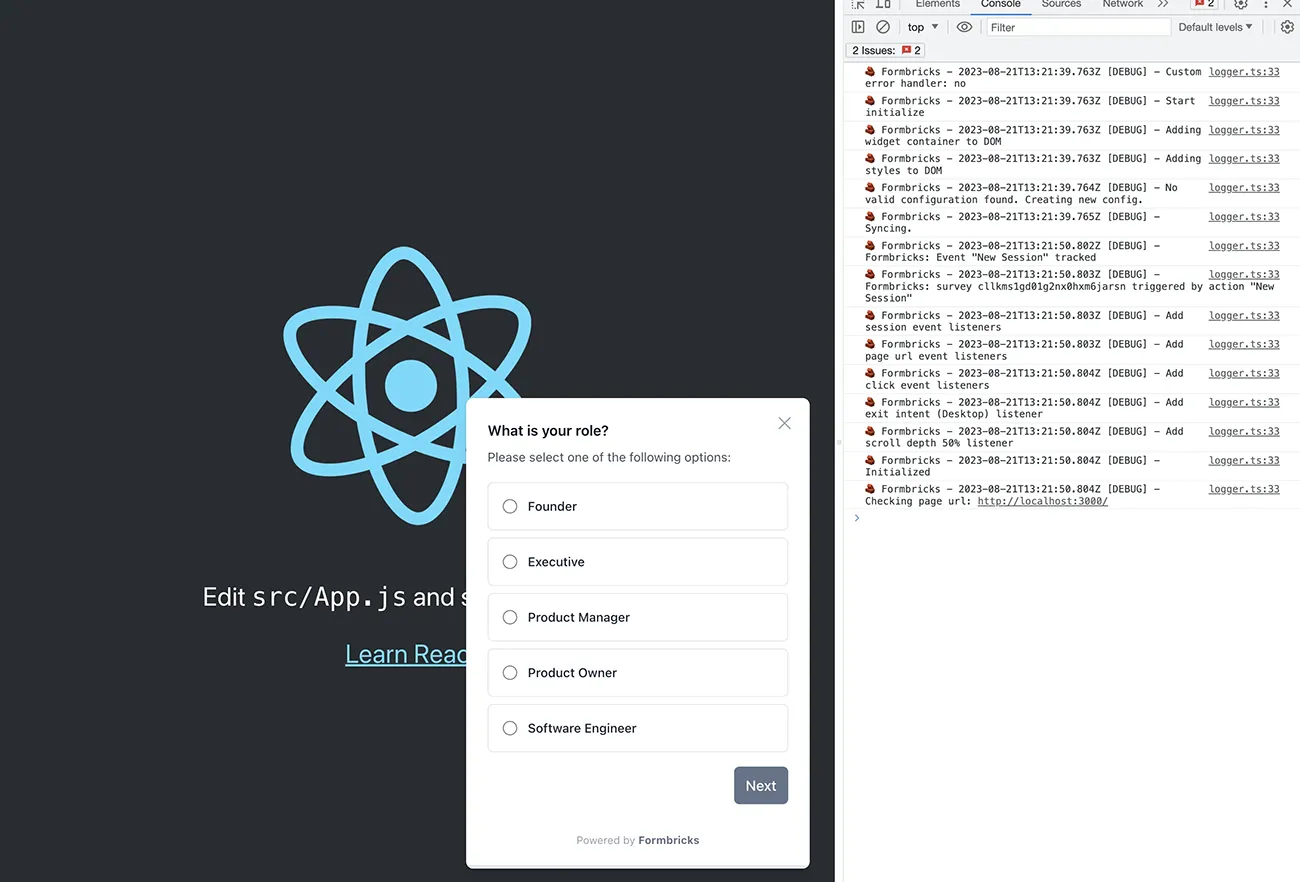 In app survey in React app for micro surveys